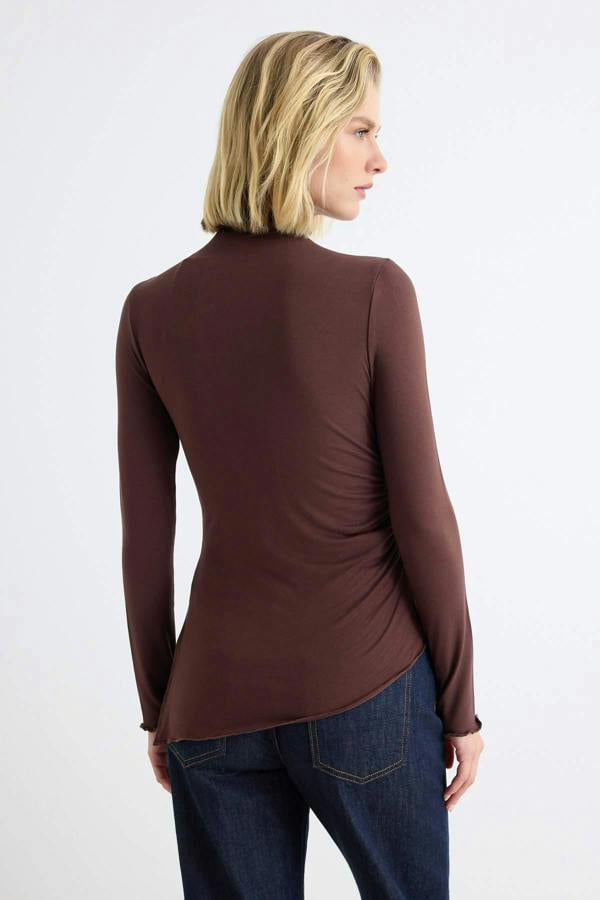 WOVCOR High Neck Asymmetric Long Sleeve Fitted Blouse