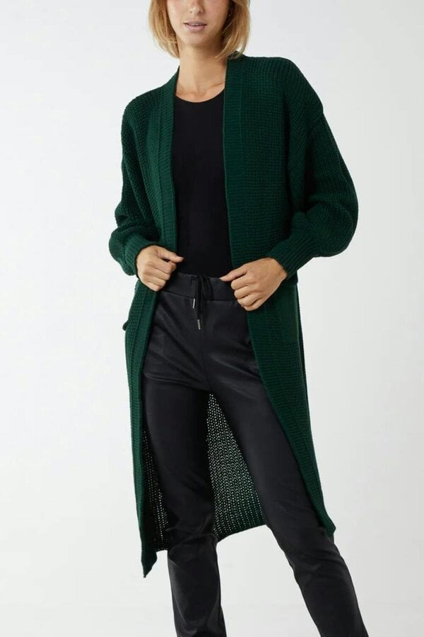 Hoxton Gal Oversized Long Sleeves Midi Knitted Cardigan with Pocket Details in Bottle Green