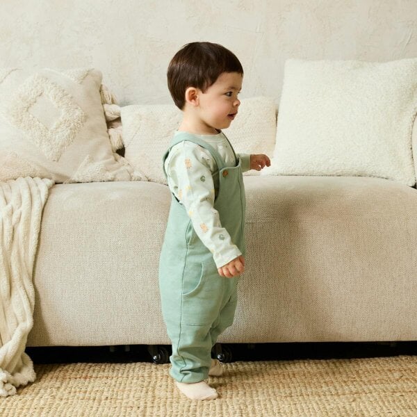 Mini Cuddles Farm Animal-Print Dungarees (Sage Green)