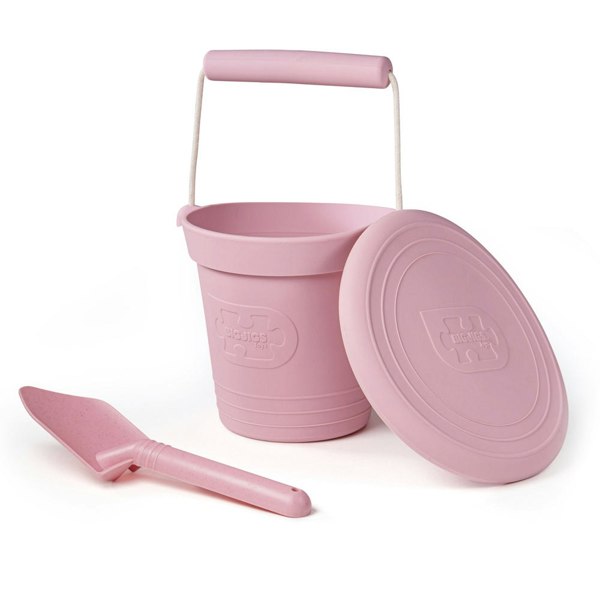 Bigjigs Toys 3 Silicone Beach Toys, Bucket, Flyer and Spade - Light Pink