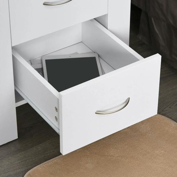 White bedside table with open drawer showing interior storage and curved metal handle