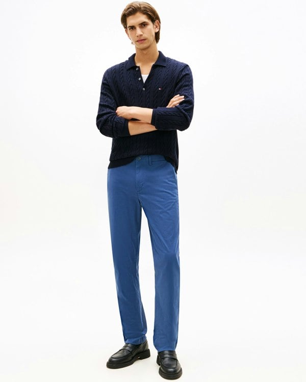 Tommy Hilfiger Classic Cotton Cable Mens Long Sleeve Polo - Desert Sky - CHO - Designer Mens Short Sleeve Polo Shirts