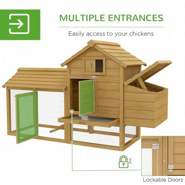 Small wooden chicken coop with run and multiple entry doors, lockable access