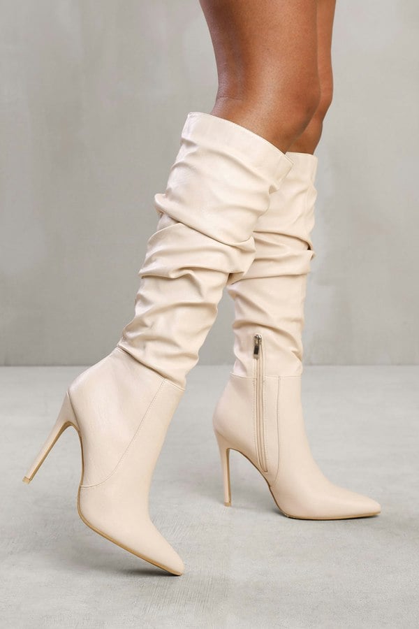 Where's That From Alessia Below Knee High Heel Slouch Boot in Cream Faux Leather