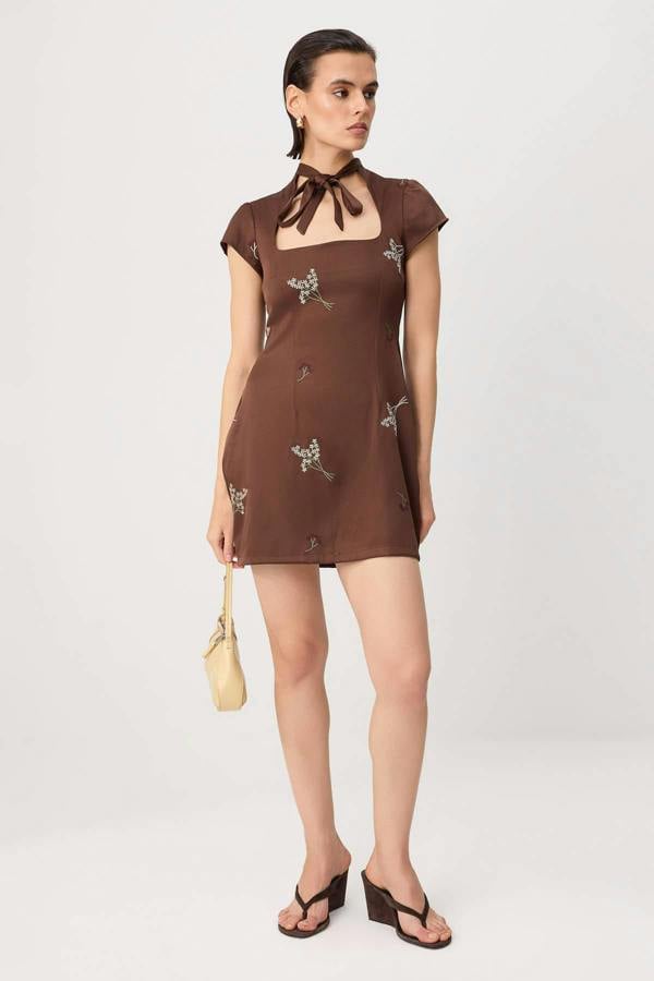 Square Neck Short Sleeve Embroidered Tie Detail A-Line Mini Dress