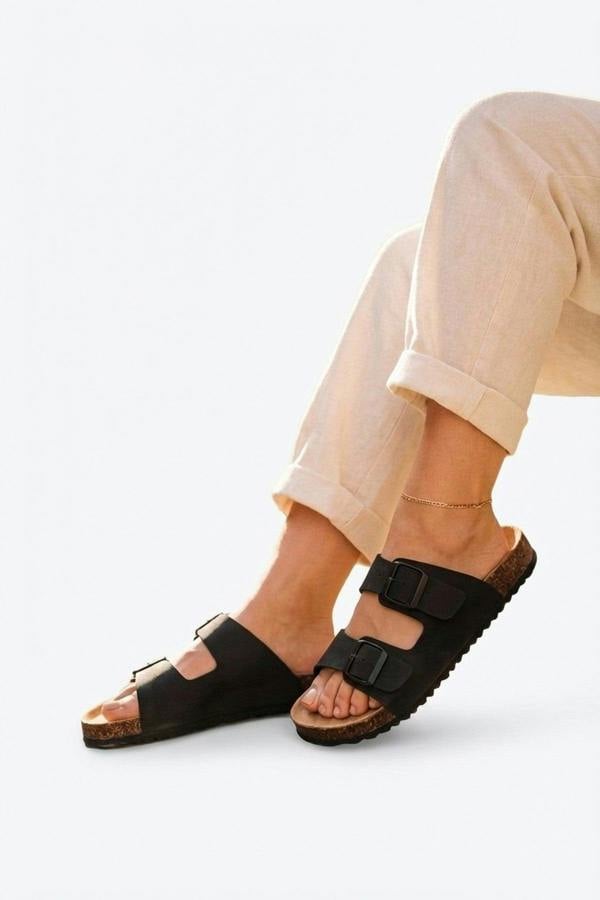 Harper Womens Double Buckle Cork Slide Sandals - LIGHT BROWN_wb