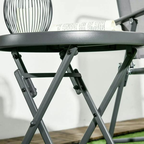Folding outdoor side table frame with support hinges under marble-look glass top