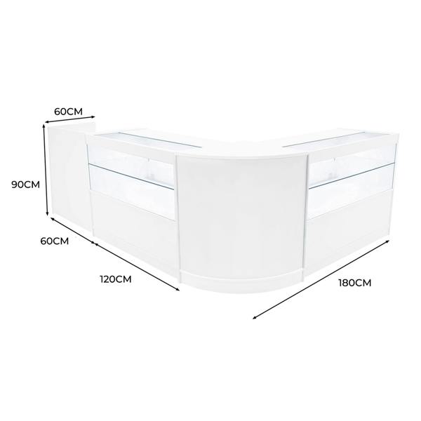 White Phoenix LED shop counter set featuring a sleek, modern design with glass display sections, measuring 180cm by 90cm