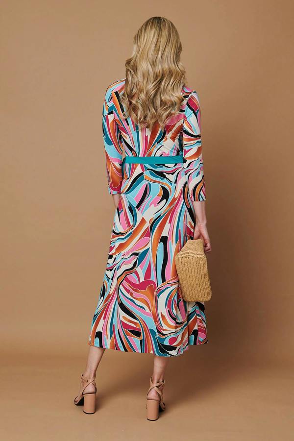 Red | Abstract Tie Waist Midi Wrap Dress