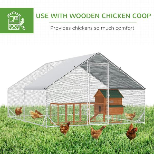Galvanized wire chicken coop with dark roof and wire mesh panels