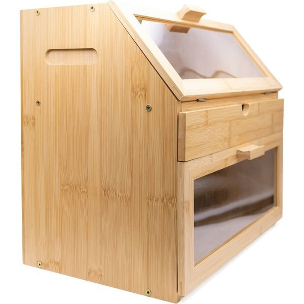 Side of Large Bamboo 3 Compartment Bread Bin Showing Integrated Handle
