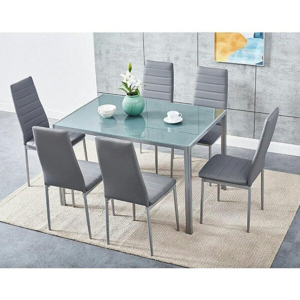 Kosy Koala Modern Rectangle Glass Dining Table Set With 6 Grey Faux Leather Chairs Dining Room Furniture
