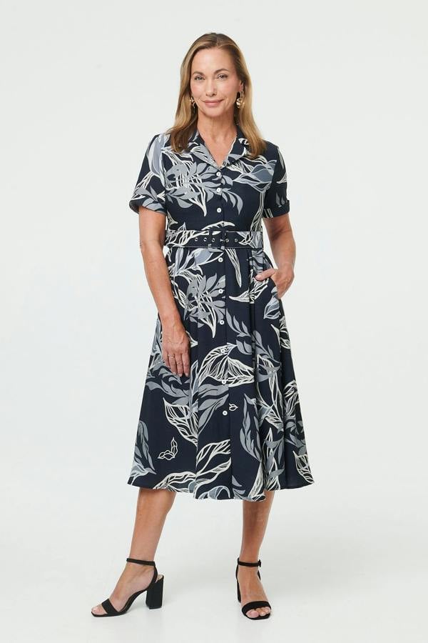 Navy | Leaf Print Short Sleeve Midi Shirt Dress