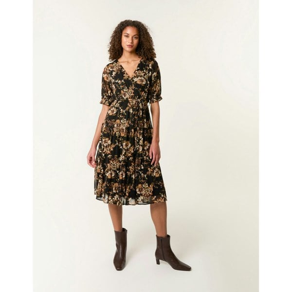 Blue Vanilla Floral Mesh Wrap Front Tiered Midi Dress