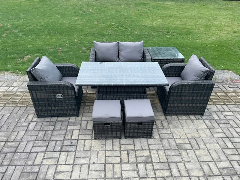 Fimous Outdoor Rattan Garden Furniture Set Height Adjustable Rising lifting Dining Table Love Sofa Chair With Side Table Stools
