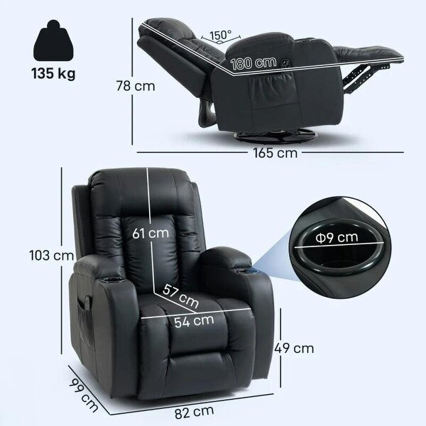 PU Leather Recliner Chair, Recliner Armchair with Extended Footrest, Cup Holders and Side Pockets, Black