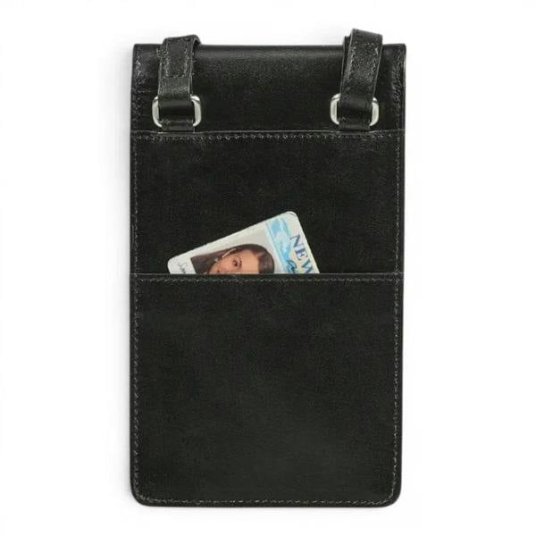 A black leather card holder wallet with two top strap loops and a front slip pocket containing a credit card, shown on a plain white background.
