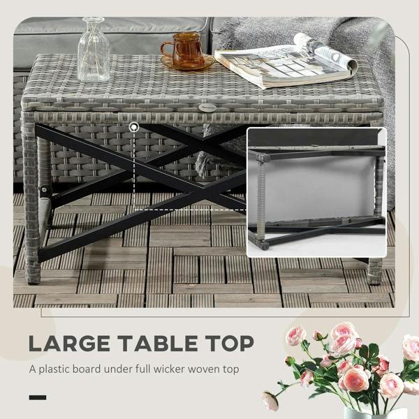 Grey woven rattan coffee table with plastic board insert under the tabletop