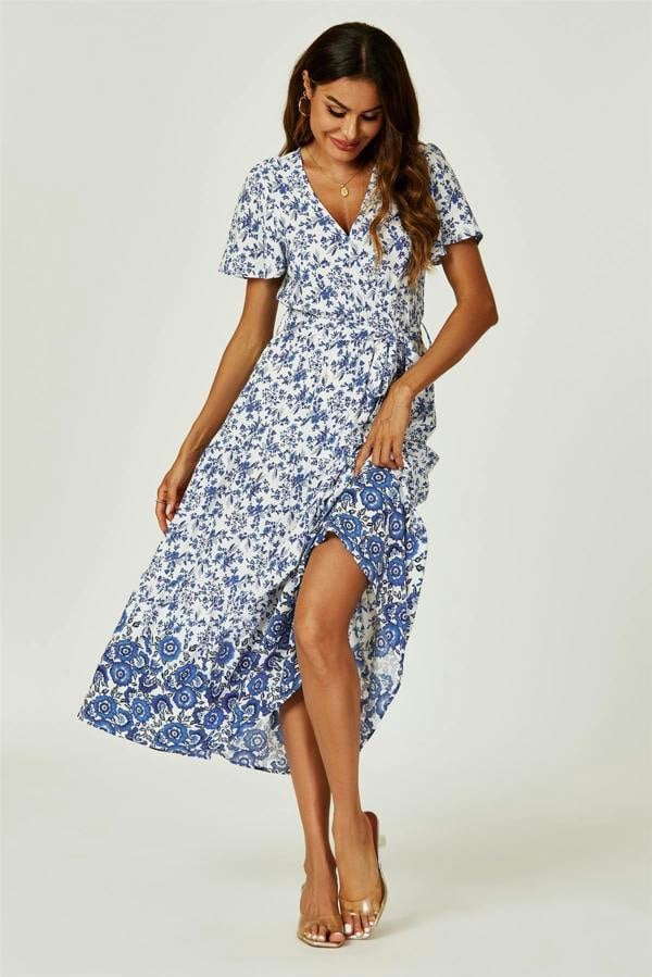 FS Collection Floral Border Print Hem Tiered Midi Dress In White