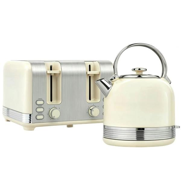 Cream and polished stainless steel kettle and toaster set with cream accents and chrome details