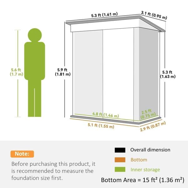 Metal garden shed size diagram with outer and inner storage dimensions