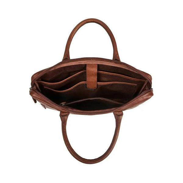 Brown leather handbag with open top on a white background