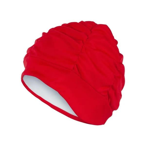Red Fashy pleated fabric swim cap with white lining and textured design