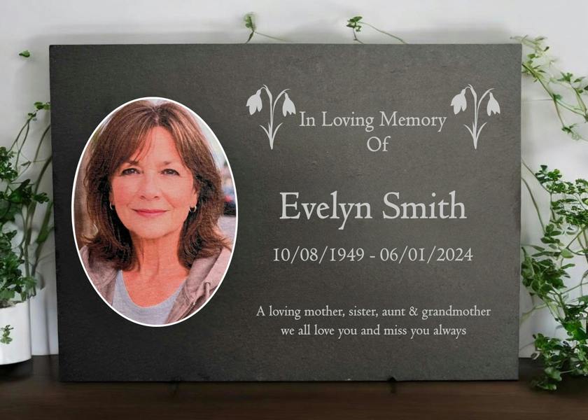 Memorials Direct Photo Slate Memorial Plaque, Snowdrop, Add a Portrait & Personalised Text | 35×25cm (14×10”)
