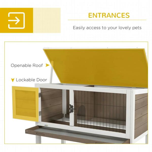 Brown wooden hutch with openable asphalt roof and lockable front door