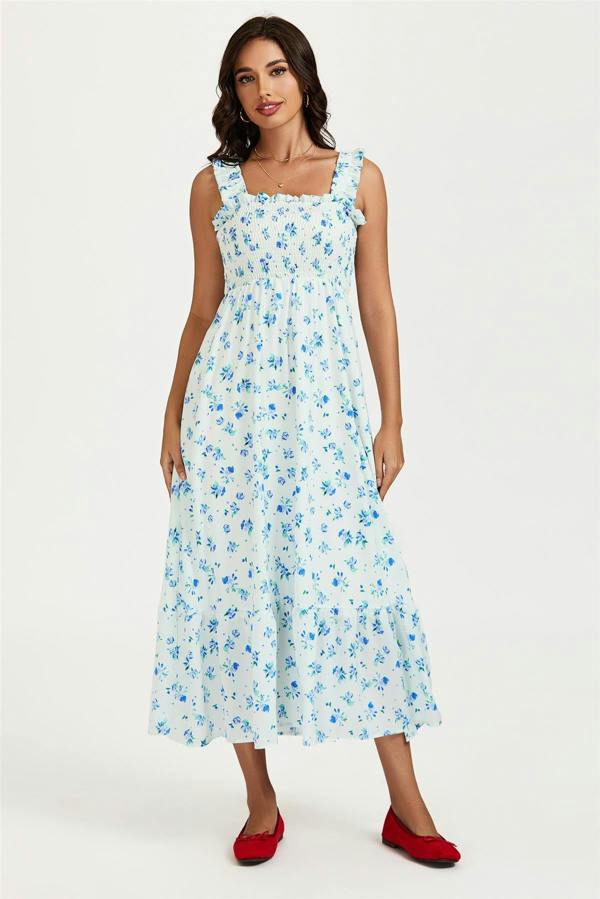 FS Collection Floral Print Hem Detail Maxi Dress In White