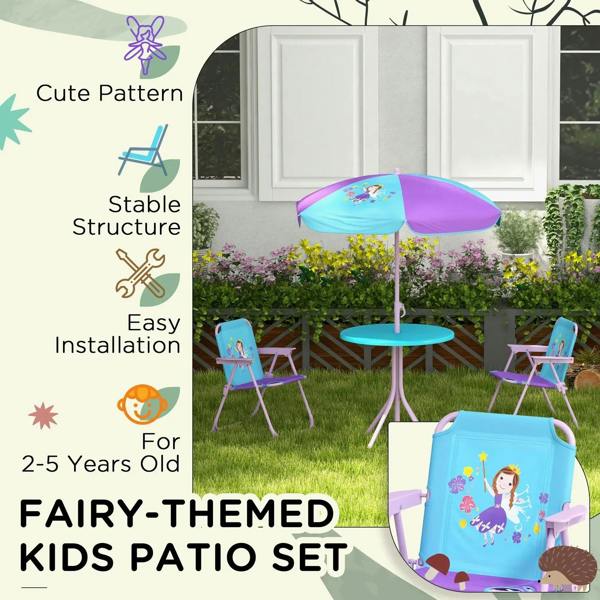 Fairy-themed kids patio set with purple parasol, round table, and two blue chairs