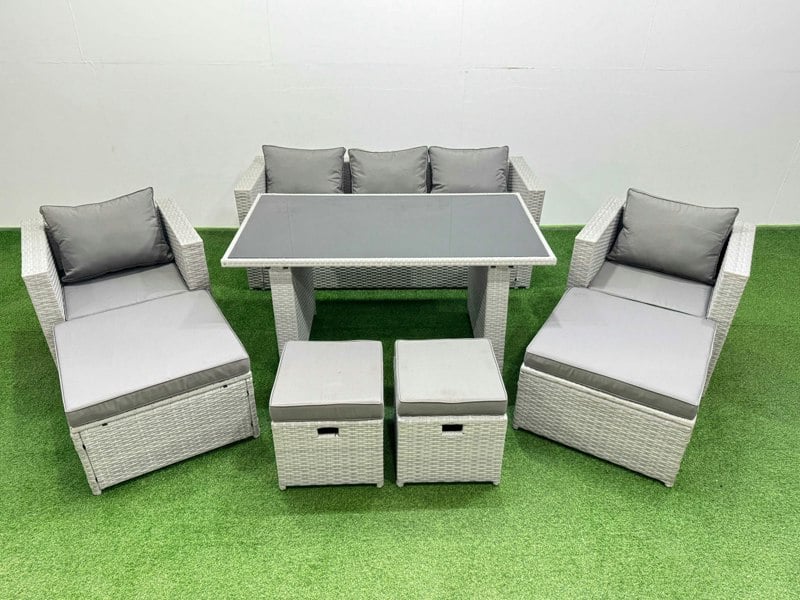 Fimous Patio Garden Furniture Sets with Black Glass Top Dining Table Armchair 3 Seater Sofa 4 Stools Light Grey