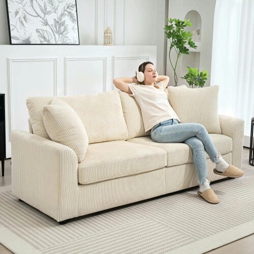 Bobobiy Modern 3 Seater Sofa with Spring Cushion, 212 cm Fabric Jumbo Cord Sofa Couch with 2 Scatter Cushions, Cream White