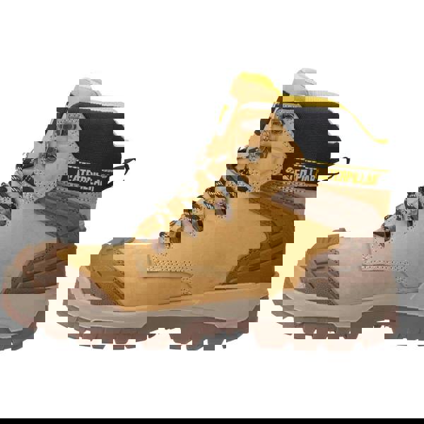 Caterpillar Striver XL 6" Mens Waterproof S7 Lace Up Safety Ankle Boots, tan-colored waterproof work boots with black and yellow accents, durable laces, padding around the ankle, and slip-resistant sole.