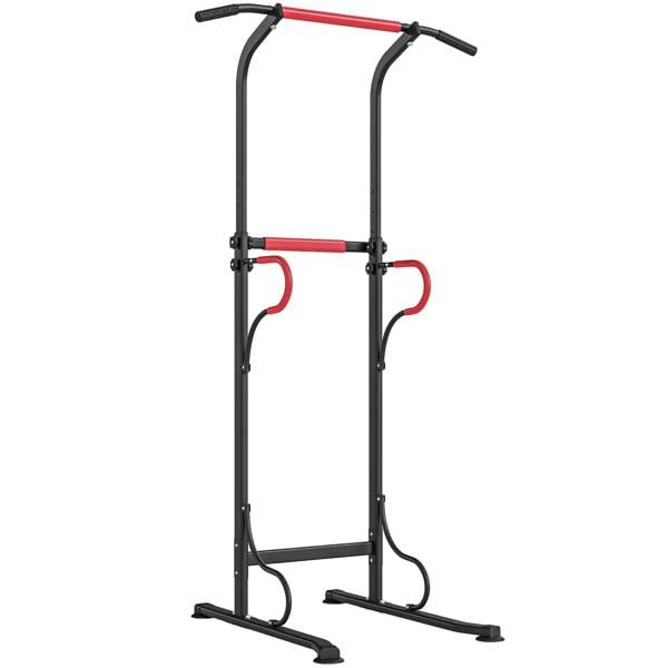 Adjustable height power tower pull-up station, black steel frame with red grips and base feet
