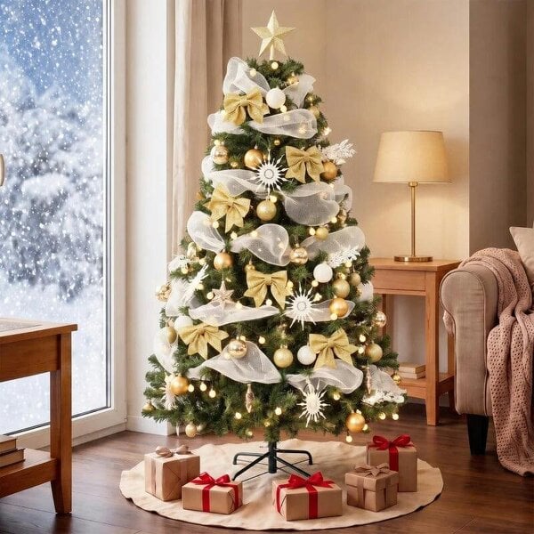 Bobobiy 5ft Pre-Lit Christmas Tree with 150 LED Lights, Artificial Xmas Tree with 8 Lighting Modes, 450 Tips, Remote, Green - Green