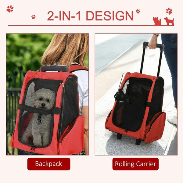 Red pet carrier backpack with mesh sides and zipper openings for backpack or rolling use