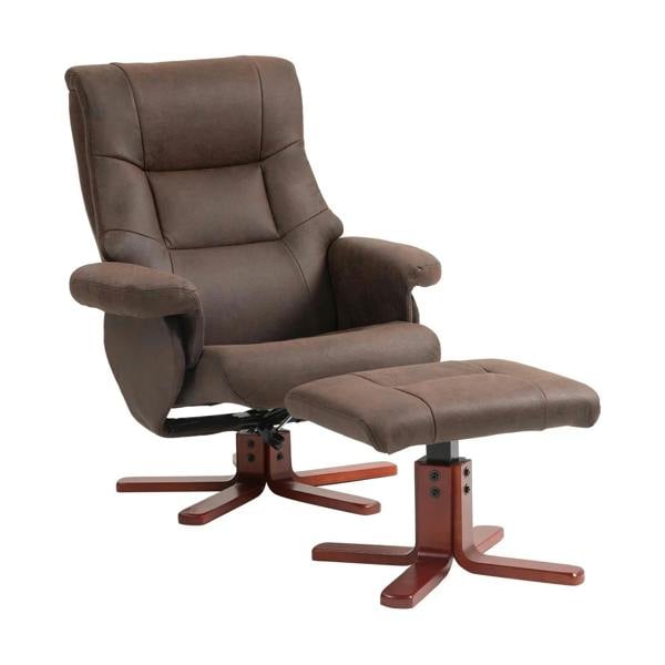 Dark brown manual recliner chair with padded armrests and matching footstool
