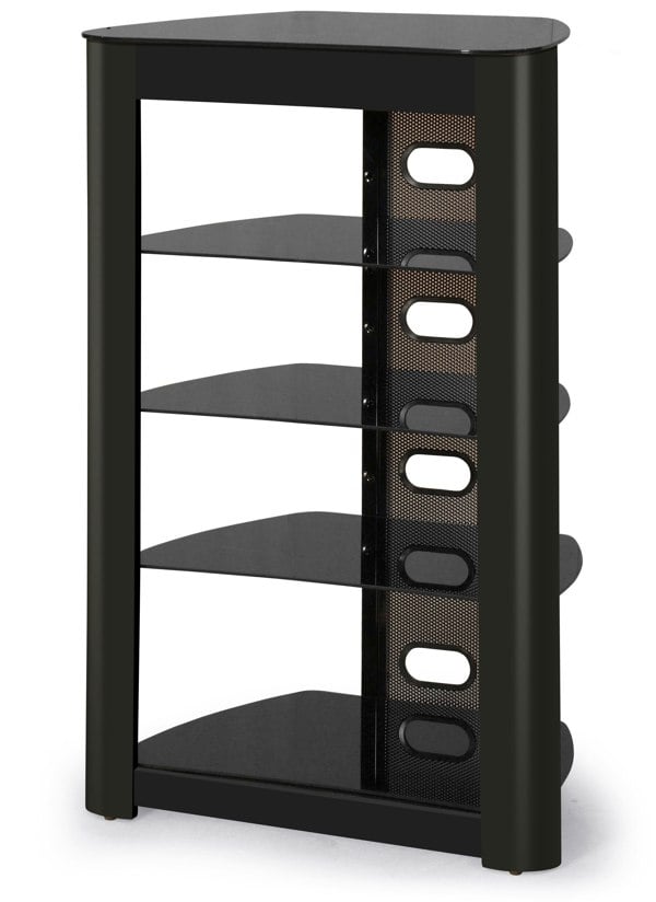Centurion Supports Zinnia 5-Shelf Black Glass with Gloss Black Fascia Flat Screen TV/Hi-Fi/AV Rack Glass Stand