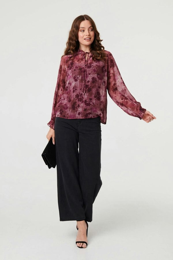 Purple | Floral Semi Sheer Tie Neck Blouse
