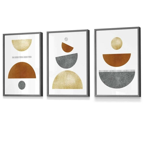 Set of 3 Orange, Gold and Grey Mid Century Geometric Framed Wall Art | Artze Wall Art UK