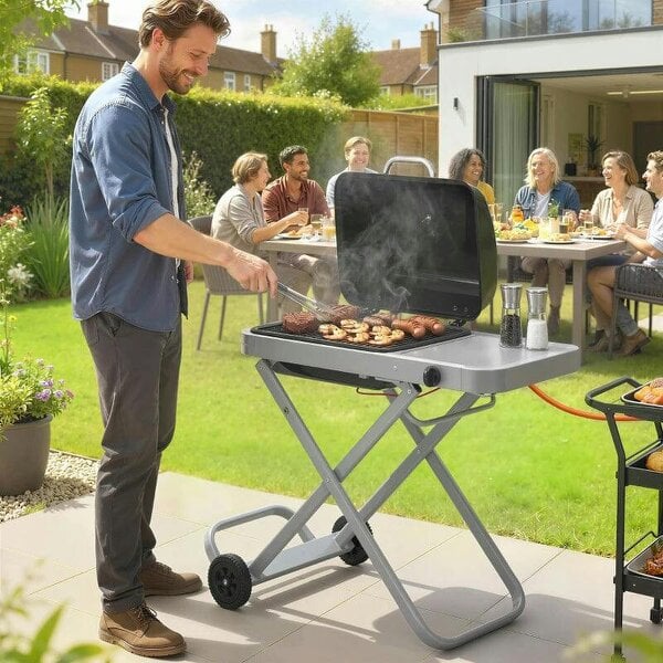 Bobobiy Foldable Gas BBQ Grill with Side Table, Portable Gas Barbecue Grill with Thermometer, Grease Box, Wheels, 2.5 kW, Black - Black
