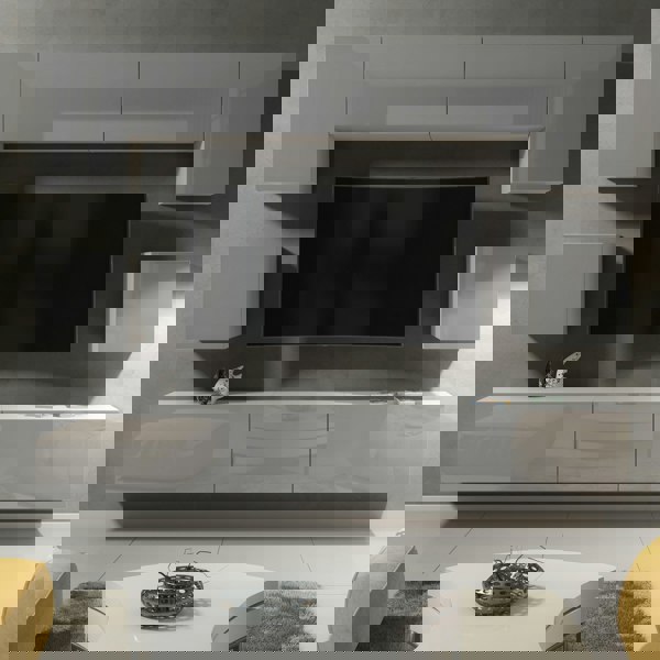 Mex Furniture Modern Wall TV Unit 9 Elements – White Matt Body and Grey Gloss Doors – Free RGB LED