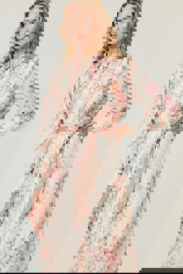 Beige | Floral Long Sleeve Tie Waist Midi Dress