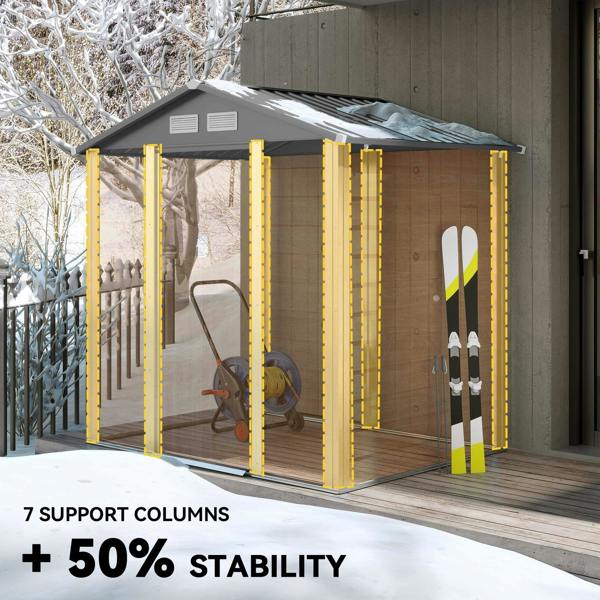 Metal garden shed with reinforced support posts, closed door and snow-covered roof