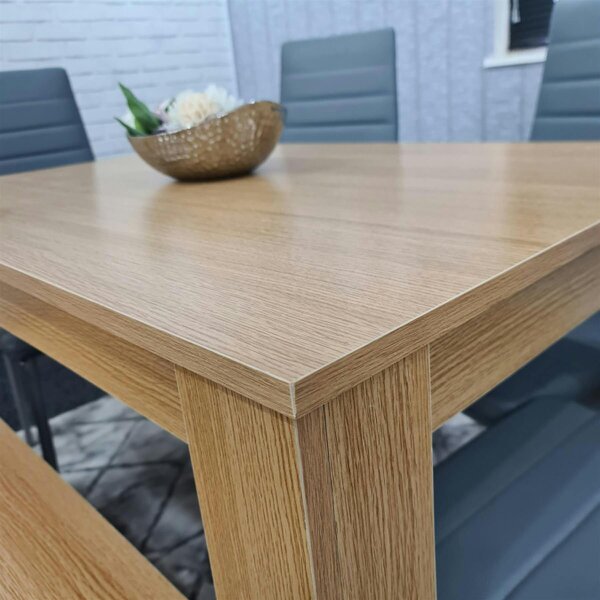 KOSY KOALA 6 Seater Modern Light Wood Dining Table Set with 4 Grey Faux Leather Chairs and Bench Metal Legs H75 x L140 x W80 cm