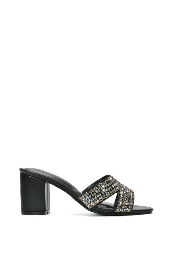 XY LONDON Sparkly Diamante Strappy Mid Block Heeled Sandal Mules