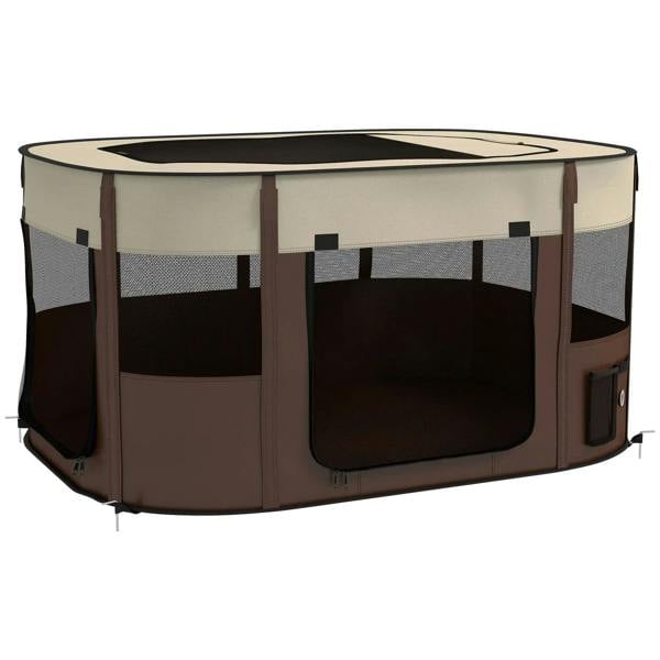 Brown foldable dog pen with mesh sides and dark front door opening