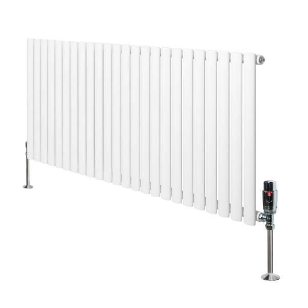 Oval single column radiator in white, 600mm x 1440mm, featuring sleek vertical fins and chrome valves for modern heating solutions