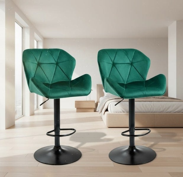 Modcraft Set of 2 Green Velvet Bar Stools Adjustable Swivel Breakfast Chairs with Footrest & Metal Base